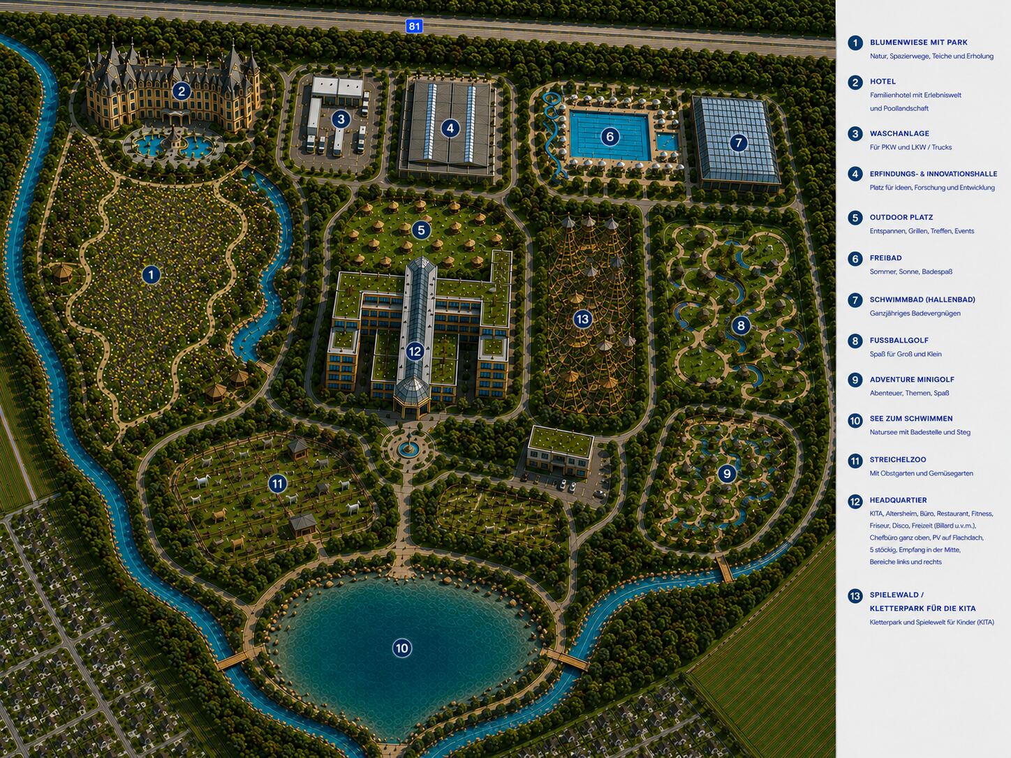 Zielbild des DEGEN Campus 2044 aus der Vogelperspektive: Hotel, Freibad und Hallenbad, Erfindungs- und Innovationshalle, Headquartier mit Kita und Altersheim, Streichelzoo, Minigolf, Fußballgolf, Badesee und Park, dazu eine nummerierte Legende